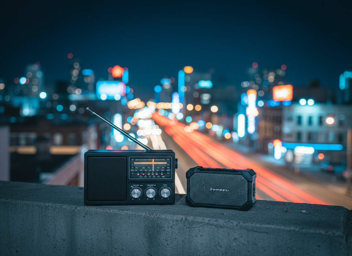 An urban nightscape seen from a rooftop, captured in photographic realism, with a matte-black portable radio and a small, rugged Bluetooth speaker placed on the concrete ledge in the foreground. Neon signs, streetlights, and car trails paint the streets below in vibrant reds, blues, and ambers, rendered as soft bokeh. A cool, ambient city glow reflects on the radio’s brushed metal knobs and the textured speaker grille. Shot from a low angle with shallow depth of field, the composition centers the devices while the city blurs into an energetic, electric tapestry, embodying the sound of the streets and the cultural pulse after dark.