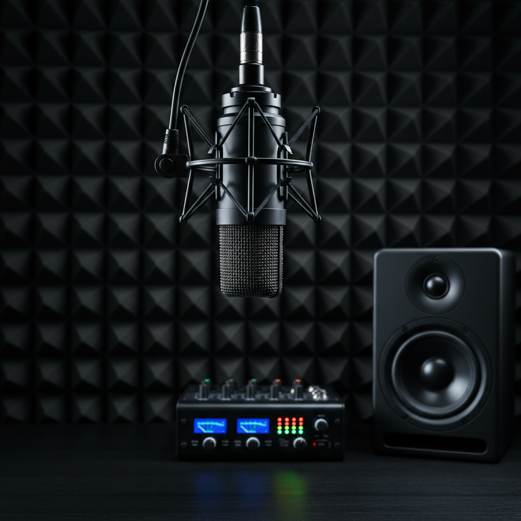A sleek black broadcast microphone with a finely woven metal grille and polished shock mount, suspended in front of a dark acoustic foam wall patterned with geometric pyramids. On the desk below, a compact digital audio mixer glows with tiny meters and colored LED levels, and a studio monitor speaker rests to the side. Cool, focused studio lighting creates crisp highlights on the microphone’s metallic surfaces and soft shadows on the foam texture. Photographic realism, eye-level composition with shallow depth of field keeps the microphone in sharp focus while the background softly blurs, conveying professional precision and an intimate, serious atmosphere for real, unfiltered conversations.