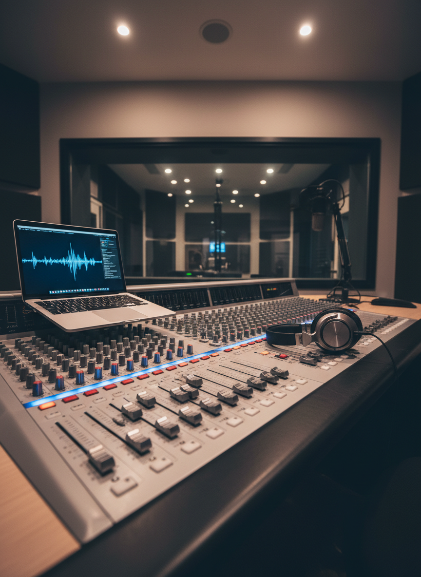 A low, wide shot of a professional radio studio desk, meticulously arranged with a brushed-aluminum mixing console, high-fidelity headphones resting on one fader bank, and a minimalist laptop displaying a waveform on its screen. The backdrop features a glass window revealing a softly blurred, soundproofed recording booth, walls lined with dark acoustic panels. Subtle, warm overhead lighting mixes with cool, directional LED strips along the console edges, creating a balanced, modern glow. The photographic scene uses the rule of thirds, drawing the eye along the diagonal line of controls, conveying an organized, authoritative environment where the voice of culture is carefully crafted and transmitted.