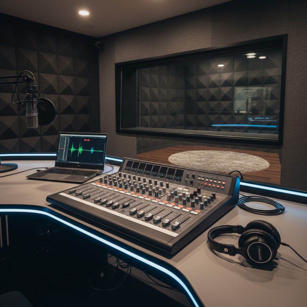 A low, wide shot of a professional radio studio desk, meticulously arranged with a brushed-aluminum mixing console, high-fidelity headphones resting on one fader bank, and a minimalist laptop displaying a waveform on its screen. The backdrop features a glass window revealing a softly blurred, soundproofed recording booth, walls lined with dark acoustic panels. Subtle, warm overhead lighting mixes with cool, directional LED strips along the console edges, creating a balanced, modern glow. The photographic scene uses the rule of thirds, drawing the eye along the diagonal line of controls, conveying an organized, authoritative environment where the voice of culture is carefully crafted and transmitted.