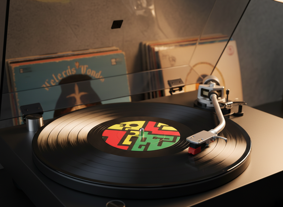 A close-up, photographic image of a vinyl record spinning on a high-end turntable with a smoked-glass dust cover lifted open. The matte-black record has a bold, graphic center label in red, yellow, and green, hinting at vibrant street culture. The tonearm and polished metal cartridge hover precisely over the grooves, catching warm, directional light from a single desk lamp. In the softly blurred background, stacked vinyl sleeves with colorful, worn edges rest against a concrete wall. Shot from a slightly elevated angle, the scene feels nostalgic yet professional, emphasizing rich analog texture, real conversations through music, and the timeless voice of culture.