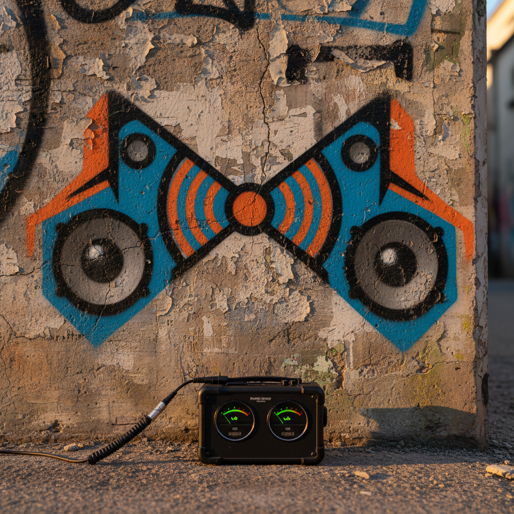 A vivid, photographic close-up of a graffiti-covered concrete wall, every crack and layer of spray paint sharply detailed. Centered is a large, stylized radio wave symbol and abstract speaker shapes, painted in saturated oranges, electric blues, and deep blacks. At the base of the wall sits a sturdy, matte-black field recorder with bright VU meters glowing green and yellow, connected to a coiled XLR cable that snakes out of frame. Golden hour sunlight grazes the wall from the side, creating dramatic shadows that emphasize texture. Captured at eye level with moderate depth of field, the mood is bold, raw, and authentic, symbolizing recording real conversations straight from the streets.