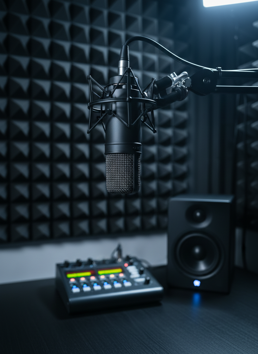 A sleek black broadcast microphone with a finely woven metal grille and polished shock mount, suspended in front of a dark acoustic foam wall patterned with geometric pyramids. On the desk below, a compact digital audio mixer glows with tiny meters and colored LED levels, and a studio monitor speaker rests to the side. Cool, focused studio lighting creates crisp highlights on the microphone’s metallic surfaces and soft shadows on the foam texture. Photographic realism, eye-level composition with shallow depth of field keeps the microphone in sharp focus while the background softly blurs, conveying professional precision and an intimate, serious atmosphere for real, unfiltered conversations.